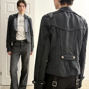 Black Distressed Military-Style Jean Jacket
